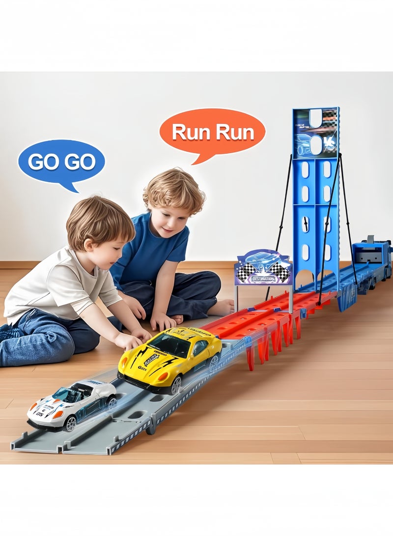 (رمضان)لعبة مسارات سيارات سباق قابلة للطي وموسعة مع فتحات إطلاق، مجموعة ألعاب شاحنات سباق الشاحنات، سيارة سباق بالقذف، لعبة شاحنة متحولة، 8 قطع من سيارات الألومنيوم، مركبة نقل حاوية، مع أصوات وإضاءة، لعبة مسارات سيارات كهدايا عطلة للأولاد والبنات، من عمر 3 سنوات فما فوق - Image 3